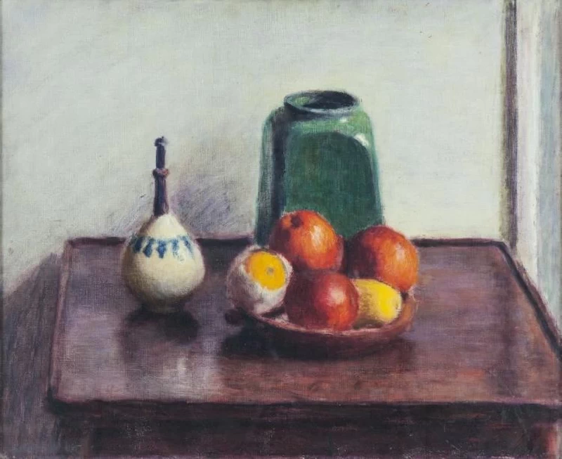 Studio di natura morta con frutta e ceramica
